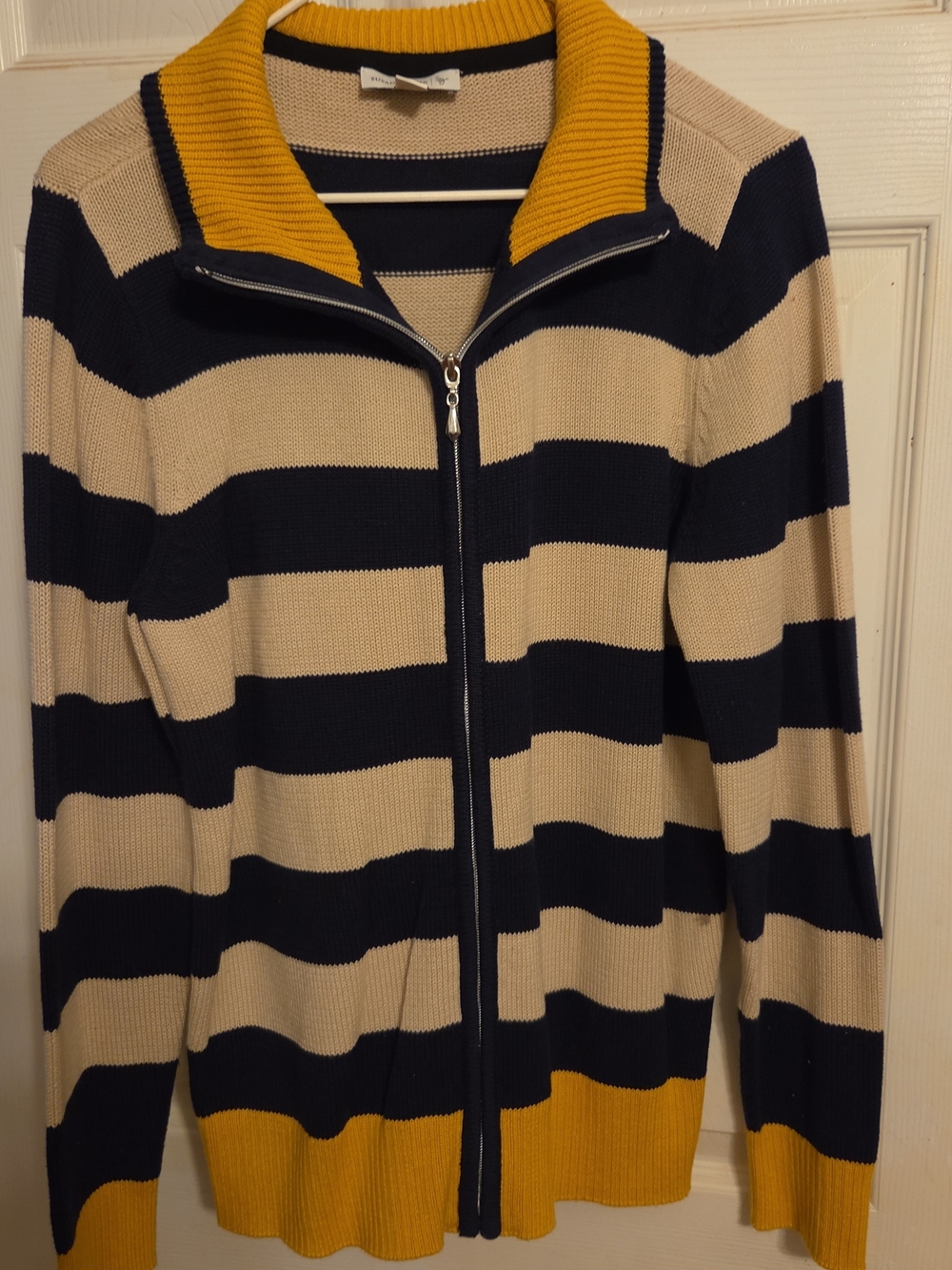 Women's Striped Zip-Up Sweater Jacket in Navy, Beige & Mustard